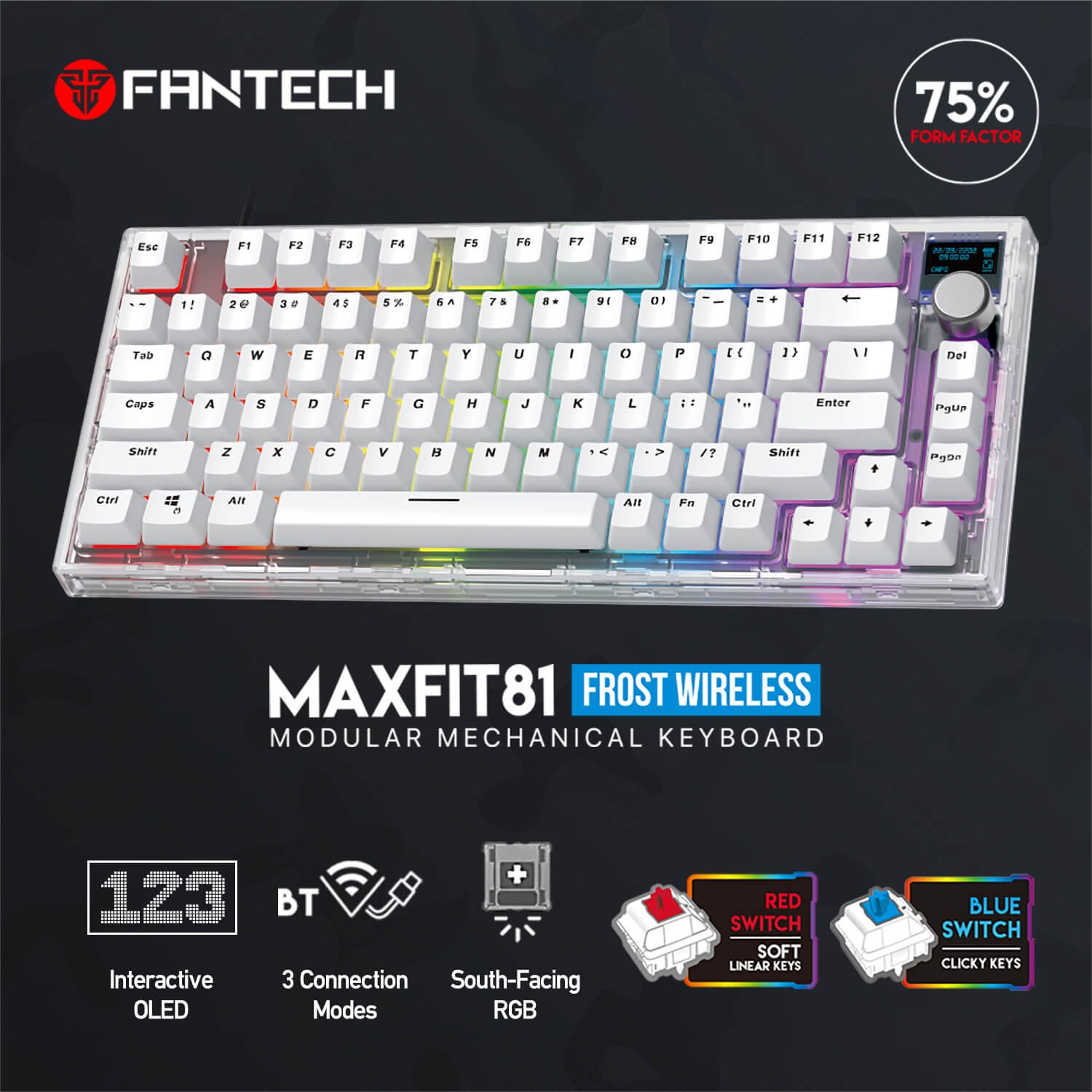 FANTECH MAXFIT81 MK910ABS FROST MODULAR BLUETOOTH, WIRELESS RGB MECHANICAL KEYBOARD – WHITE - Image 1