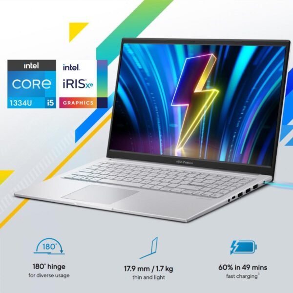 Laptop ASUS Vivobook 15 (X1504VA) |Intel® Core™ i5-1334U Processor, 16GB DDR4 (Customized), 512GB SSD, 15.6-inch FHD 180 Hinge | 13th Generation - Cool Silver