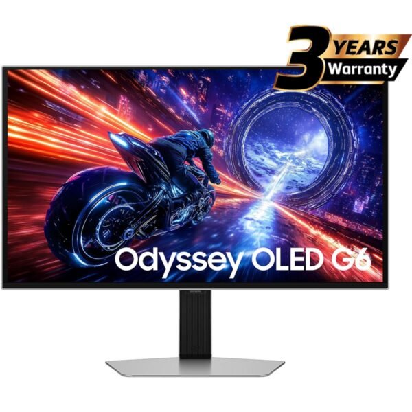 Samsung Odyssey OLED G6 (FG602) 27" Flat Monitor 2K (2560 x 1440) 500Hz, 0.03ms(GTG), Quantum Dot, HDR10+, 99% DCI Coverage, 10Bit, HDMI 2.1, Core Sync, G-Sync Compatible w/ Sleek Metal Design & Ergonomic Stand